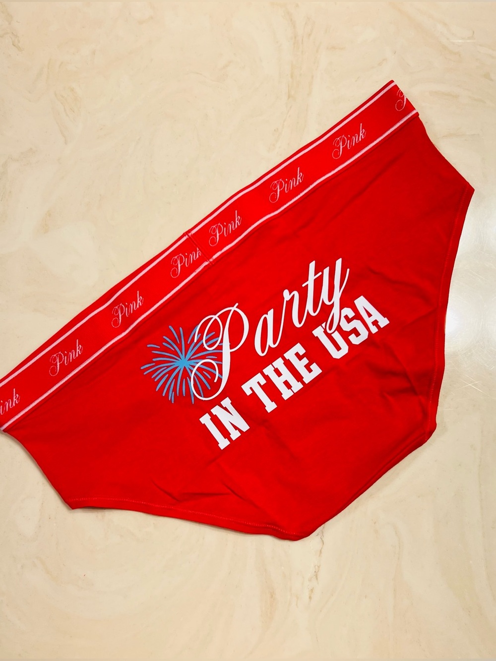 🇺🇸🎇PINK VICTORIA’S SECRET Cotton Hiphugger Panty Red PARTY IN THE USA Graphic L